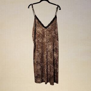 Lingerie-Inspired Silky Leopard Print Slip Dress Lace Trim XL-Large Midi